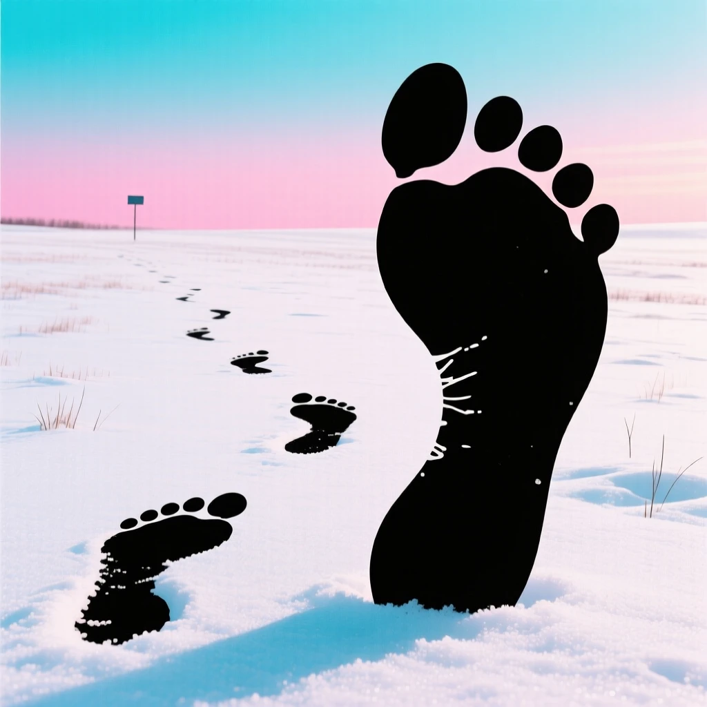 A single set of footprints crossing an untouched field of fresh snow.