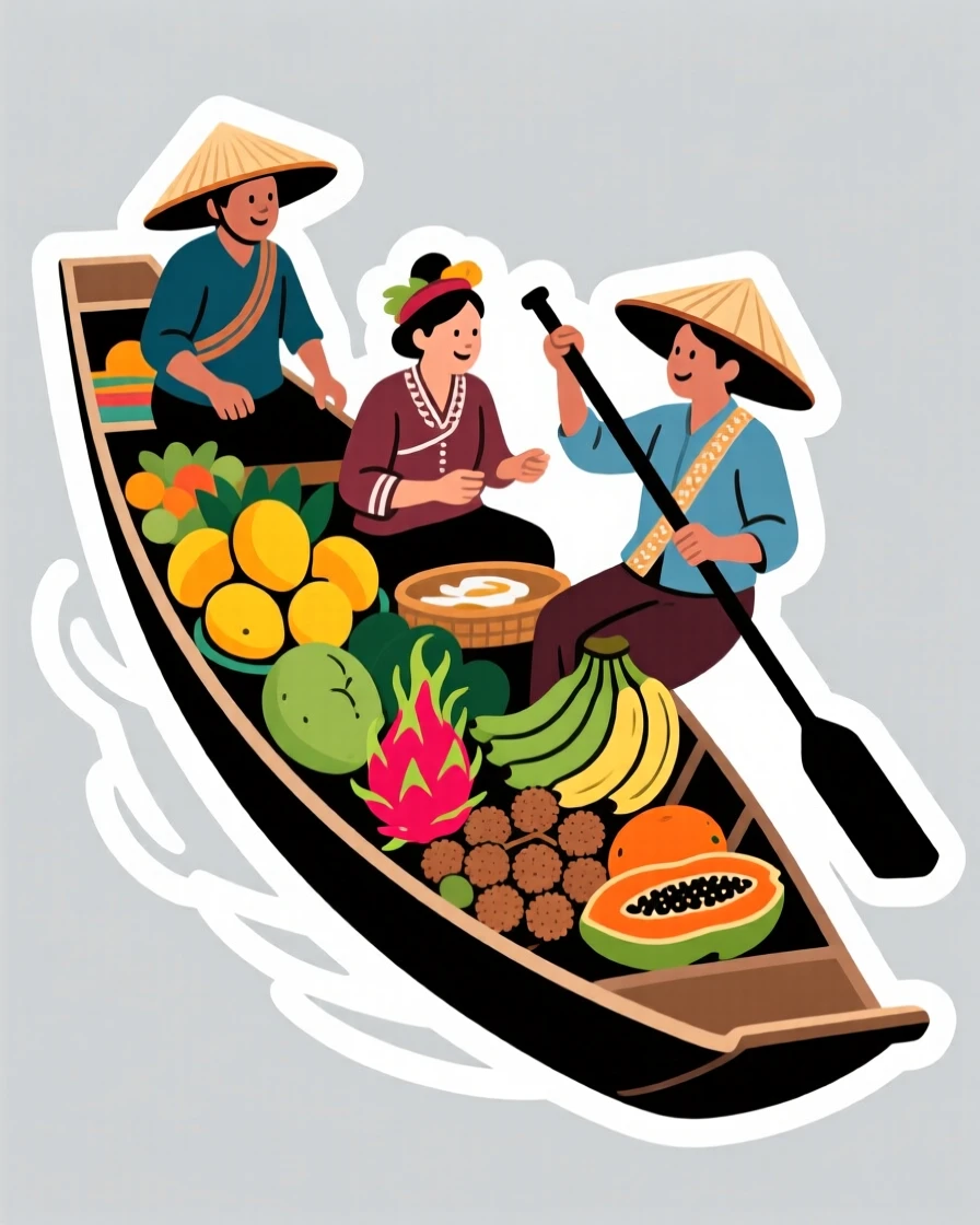 A culturally vibrant Thai floating market boat full of fruit, with locals going about their day, in a moment worth remembering forever.