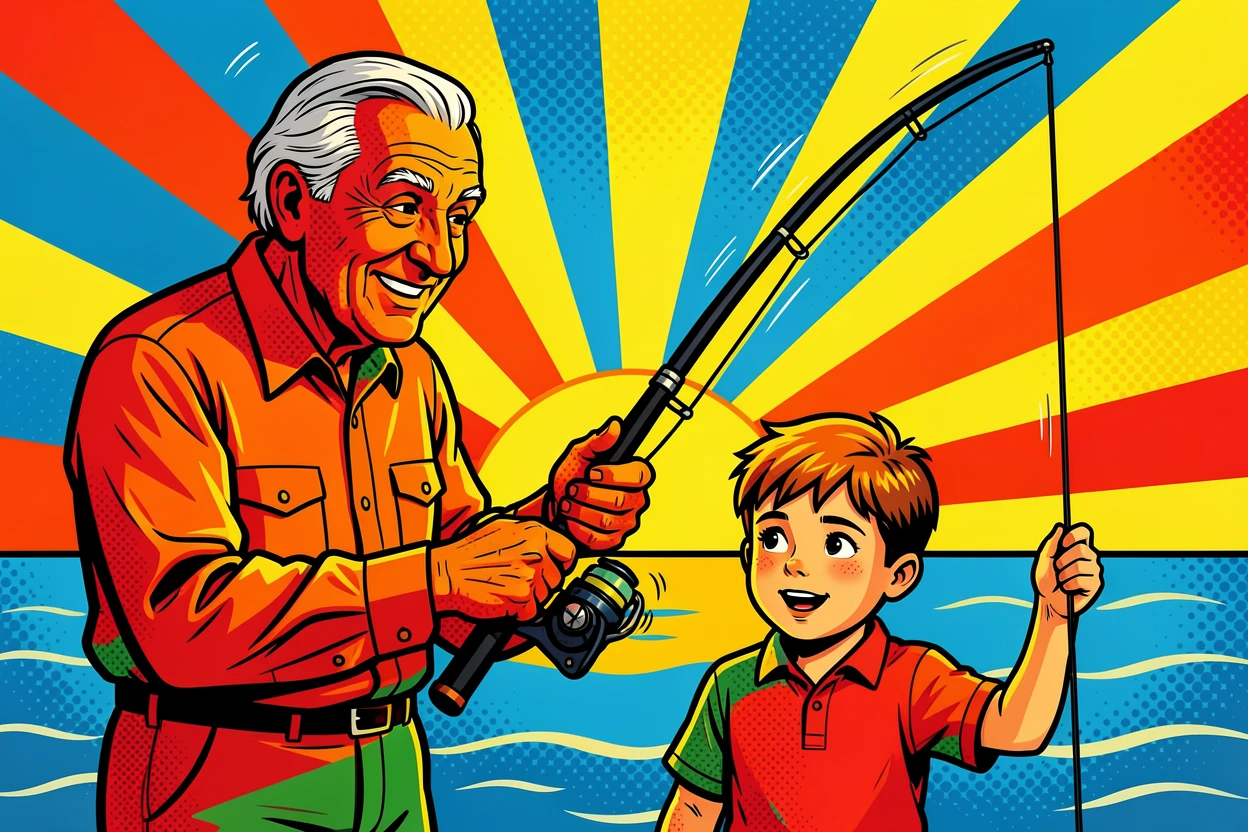 A grandfather teaching his grandson to fish at sunrise
