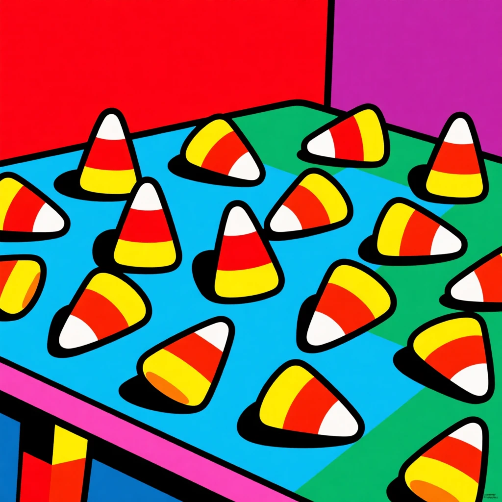 Halloween candy corn scattered on a table