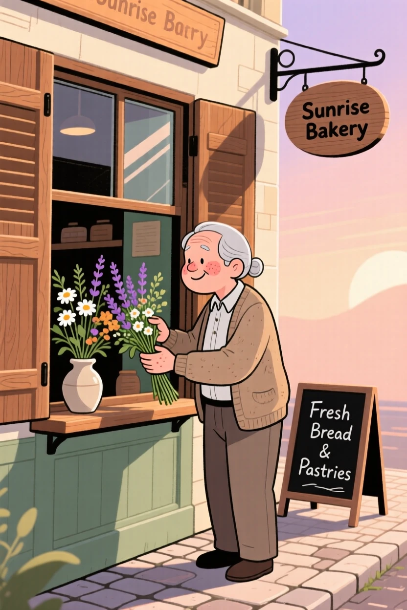 A elderly tailor opens the shutters of a small bakery at dawn, arranging fresh bouquets in the window as sunlight creeps across the sidewalk.