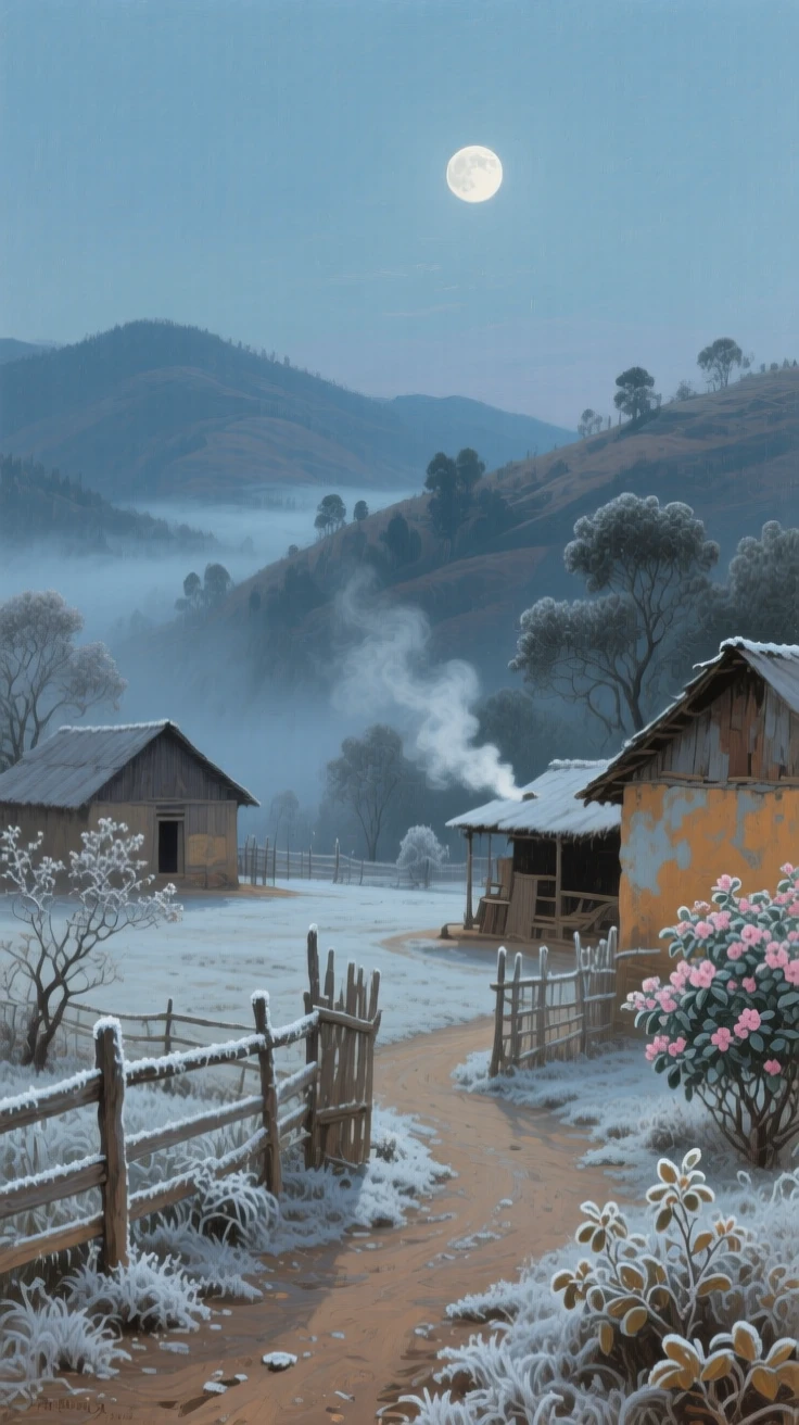 A centered composition of a frosty morning where breath mists in the cold air over a quiet farmyard, in an Indian hill station, under a full moon.