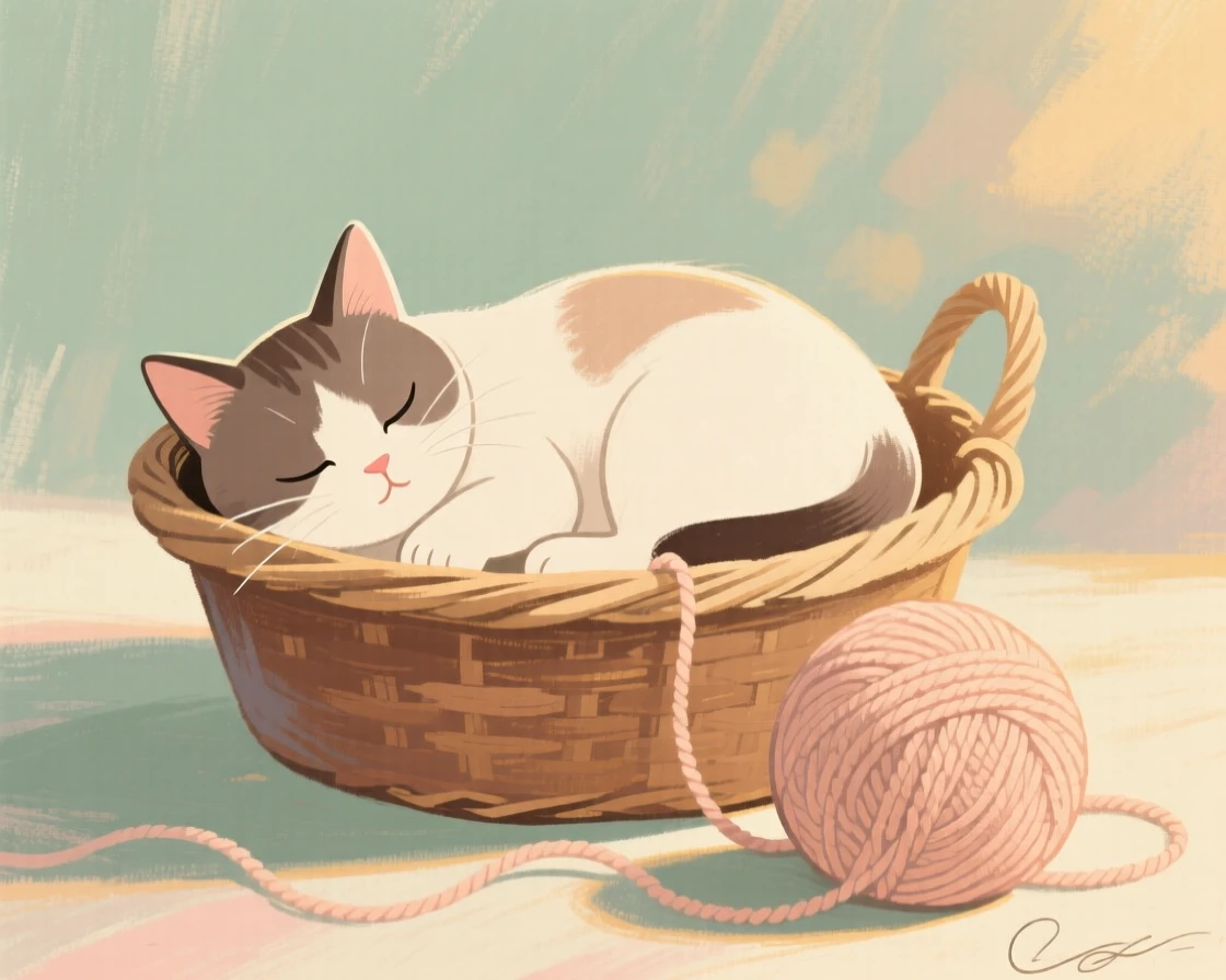 A basket of sleeping kittens beside a ball of yarn