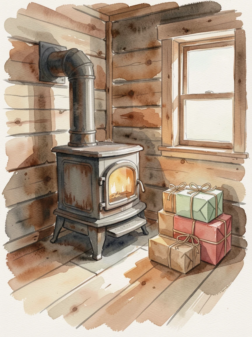 A rustic cabin interior with a wood stove with a stack of wrapped gifts nearby.