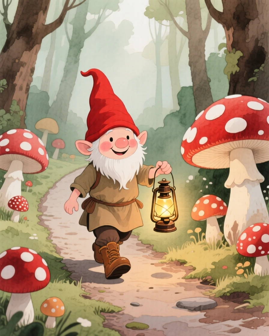 A friendly forest gnome in a red pointed hat carries a lantern through a path lined with giant toadstools