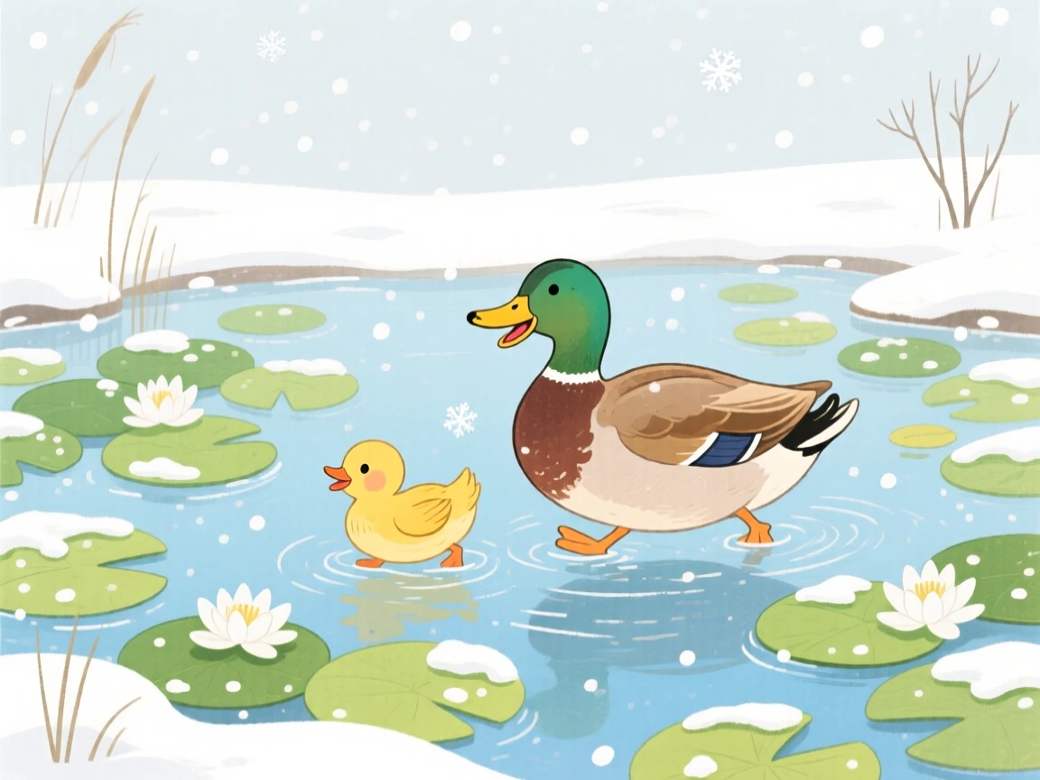 A duckling following its mother playing joyfully in a lily-pad covered pond in the first snow of winter.