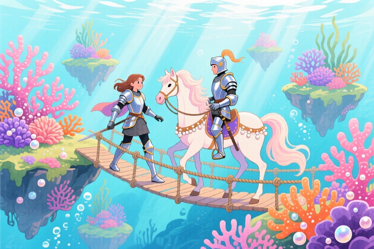 A knight and her loyal steed crossing a rope bridge suspended between floating islands, in an underwater kingdom of coral and pearl, brimming with enchantment and discovery.