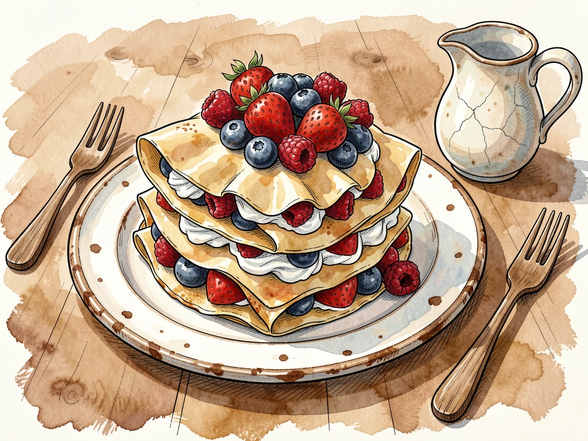 A stack of crepes filled with fresh berries and whipped cream, rustic tableware adding warmth and character to the setting.