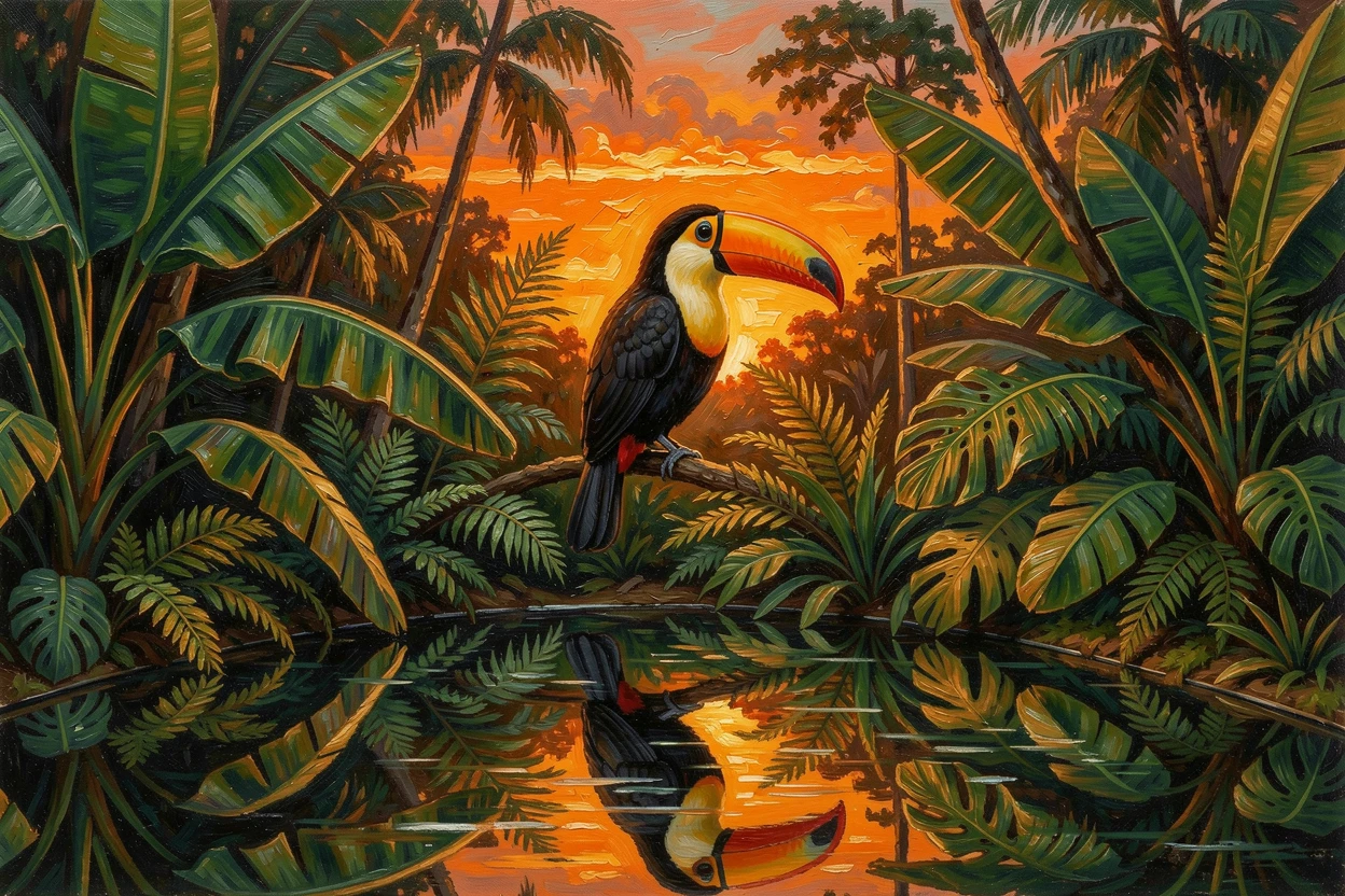 A colorful toucan perched among tropical leaves, amid a lush tropical rainforest canopy, its reflection mirrored perfectly in the still water, at sunset, silhouetted against a brilliant orange sky.