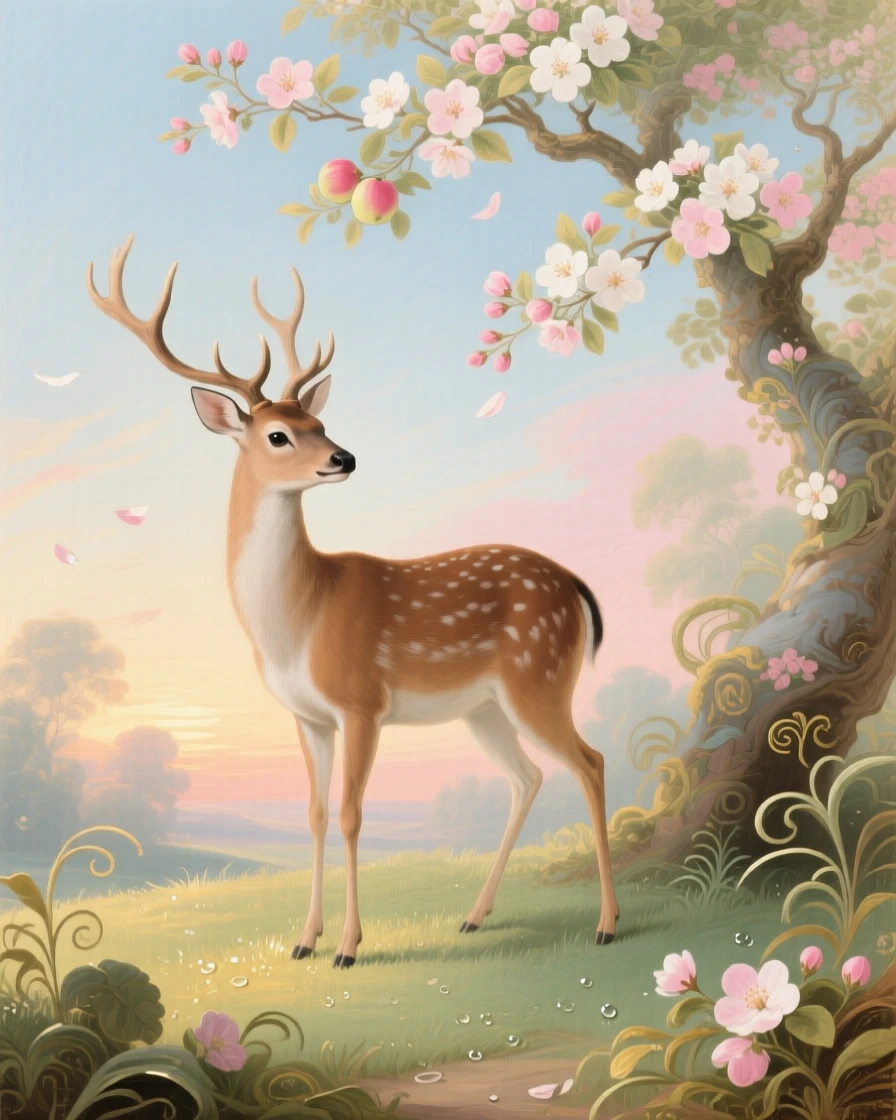 A deer standing beneath a flowering apple tree at dawn  