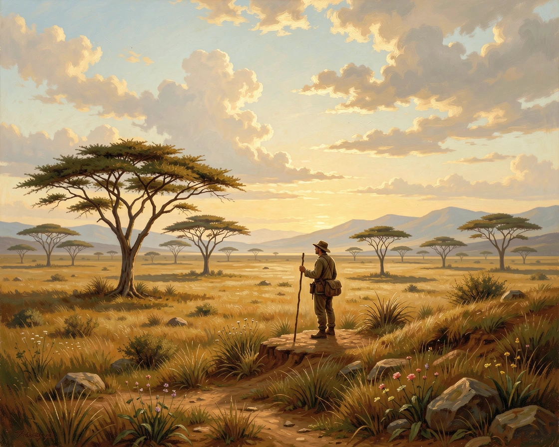 A broad savanna where acacia trees stand alone, with a solitary traveler pausing to take in the view.