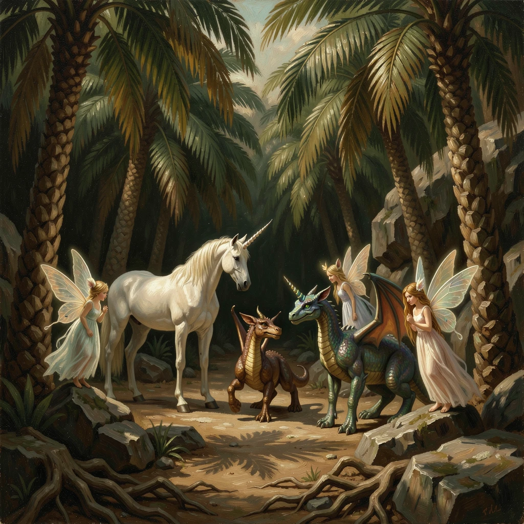 A hidden oasis where magical creatures gather beneath swaying palm trees, with weathered, realistic detail grounding the fantastical elements, blending fantasy imagination with striking photorealistic detail