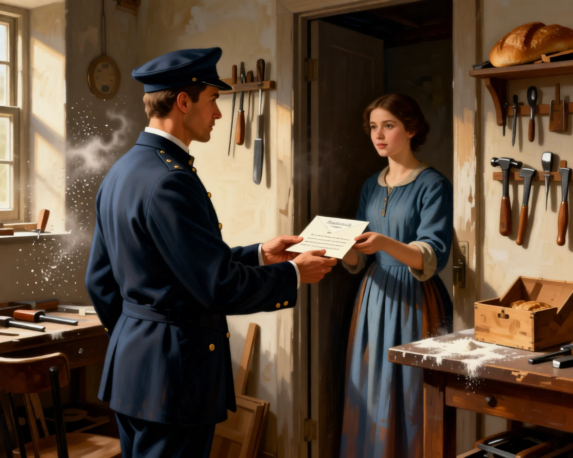 A postman delivering a cherished letter to an eager household as ordinary labor takes on unexpected grace, set within a modest workshop filled with tools and warm light, with soft morning light catching dust and flour in the air; warm natural light elevates a humble scene into something timeless, radiating simple contentment and honest labor.
