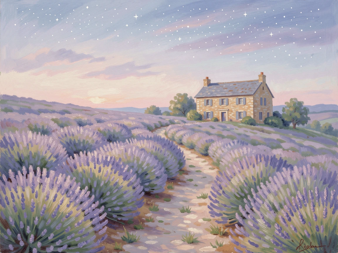 A winding path through a hillside lavender field in full bloom, rows stretching toward a distant stone farmhouse under a soft afternoon sky, under a canopy of stars, evoking a sense of peace and quiet wonder.