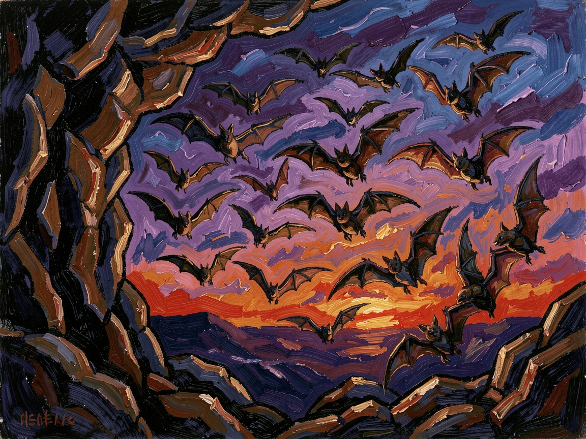 A colony of bats taking flight from a cave entrance at dusk.