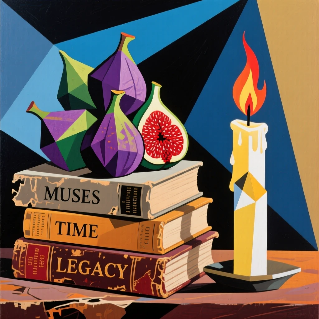 An elegant still life featuring a cluster of ripe figs beside a stack of old books and a flickering candle.
