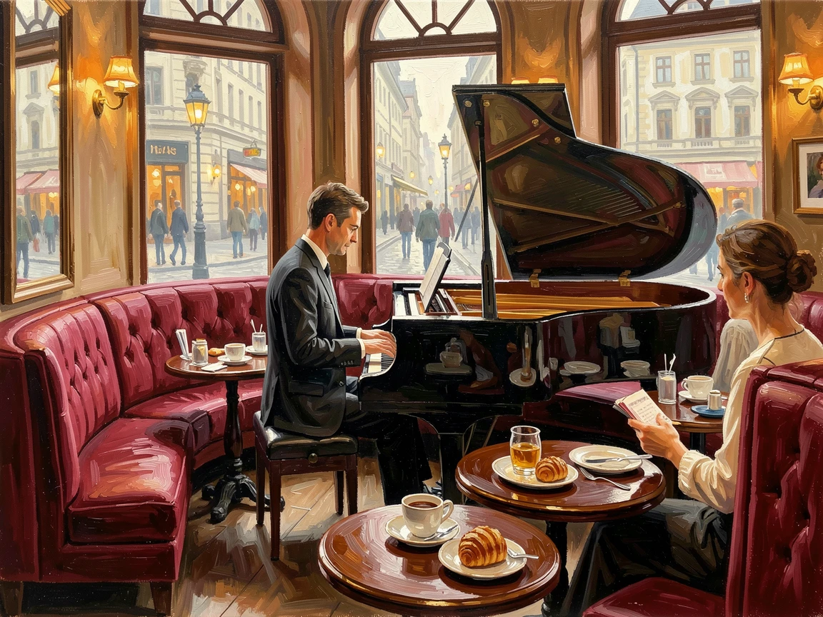 A quaint café in Vienna shows an elegant interior with velvet booths, a pianist playing softly as patrons enjoy pastries and coffee, local life visible in the background, adding a quiet sense of authenticity to the scene.