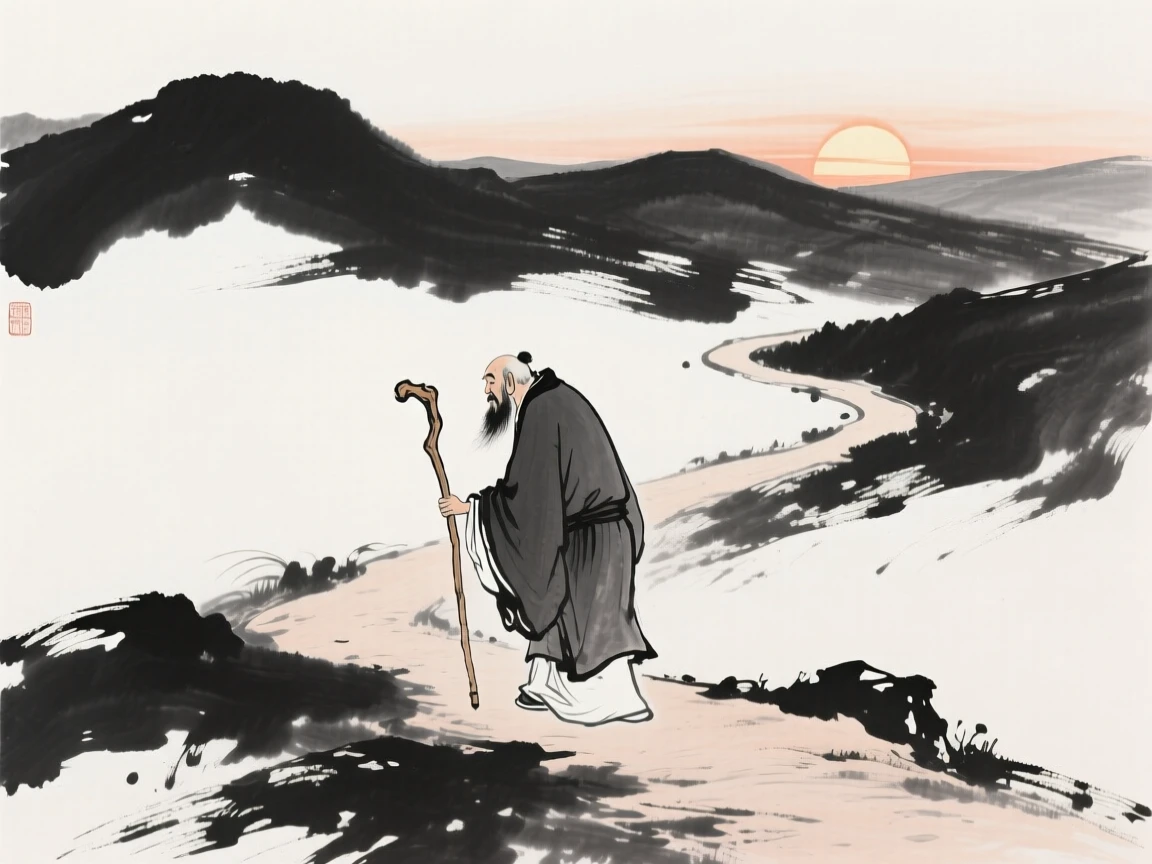 An old sage walks slowly along a winding path with a wooden staff, as the sun begins to set behind the far ridgeline.