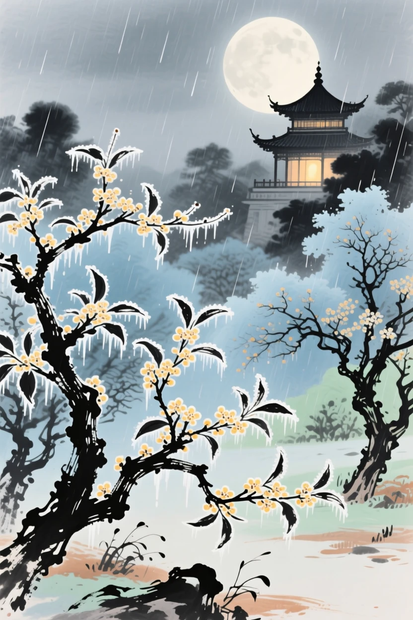 The moon palace glowing softly above a garden of frozen osmanthus trees, in a gentle drizzle.