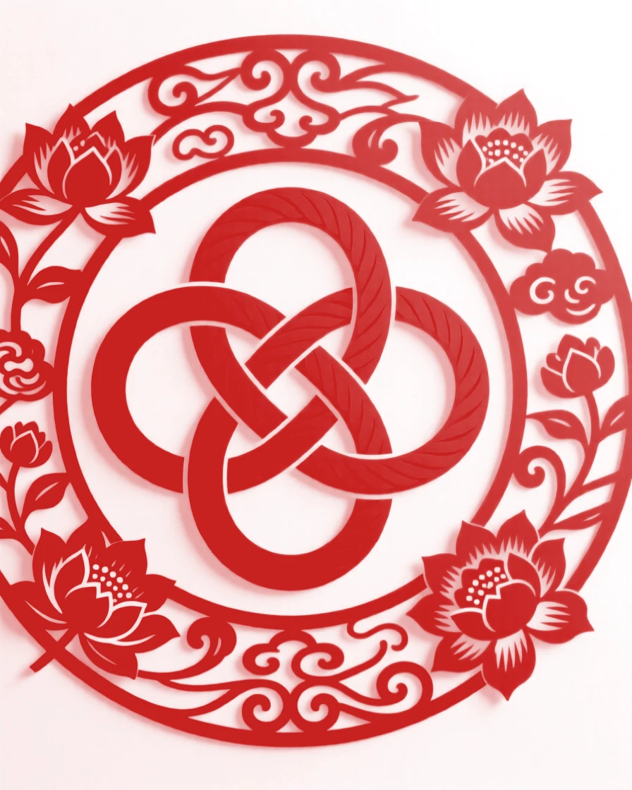 An endless knot of red cord, arranged within a circular medallion, representing harmony between heaven and earth.