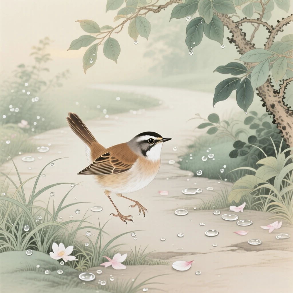 A nightingale hopping along a dew-covered garden path, soft morning light filtering through the branches