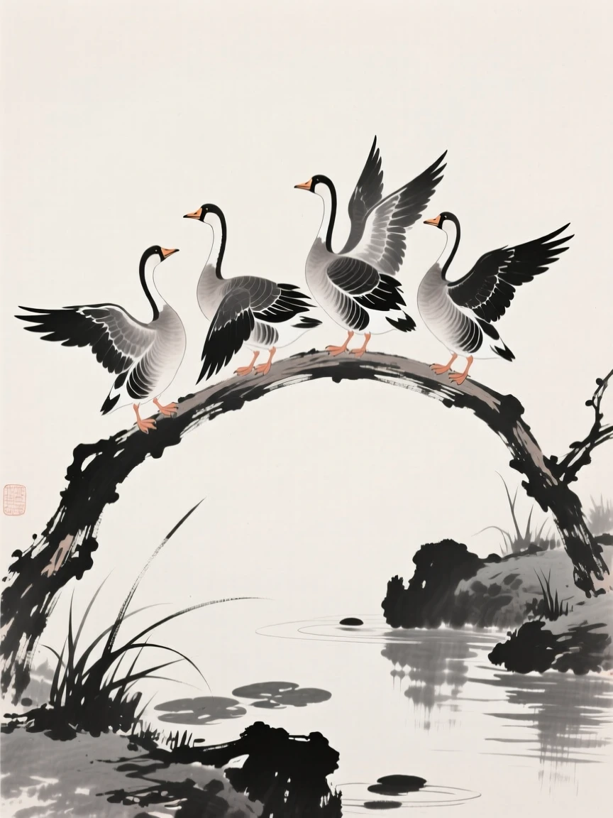A formation of geese perched together on a curved branch over a tranquil garden pond, captured mid-motion with wings outstretched, evoking grace, freedom, and quiet elegance.
