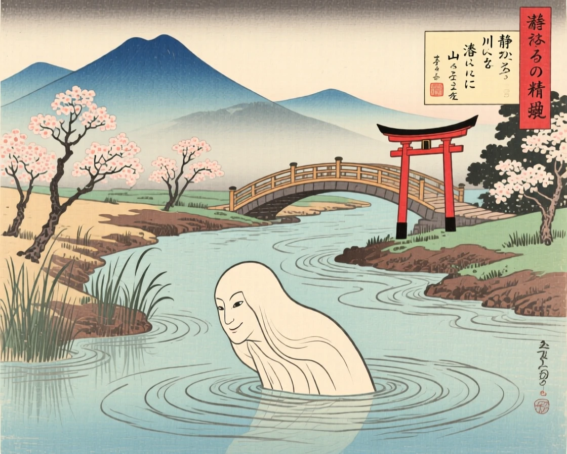 A watching mountain spirit peeking from the surface of a quiet river.