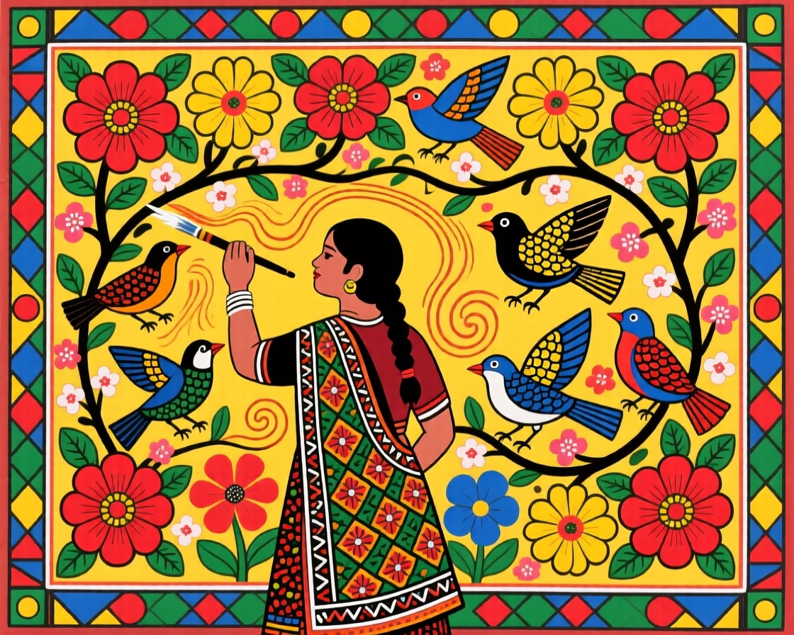 A muralist painting a wall bright with flowers and birds.