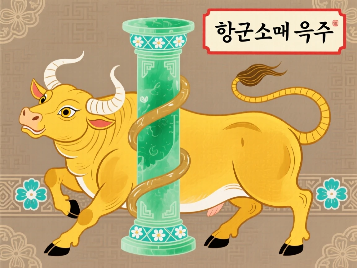 A powerful depiction of a golden ox coiling around a jade pillar.