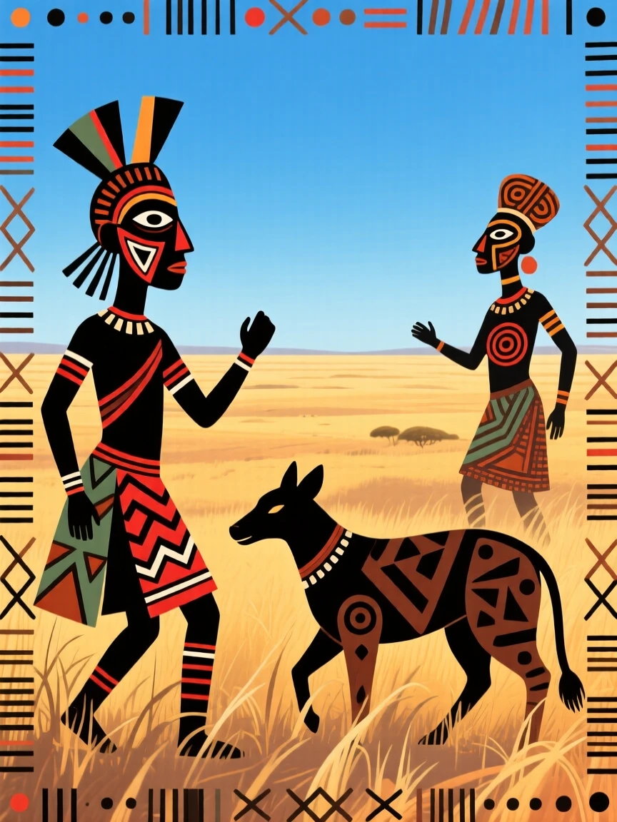 A wide savanna plain stretching endlessly beneath a clear blue sky.