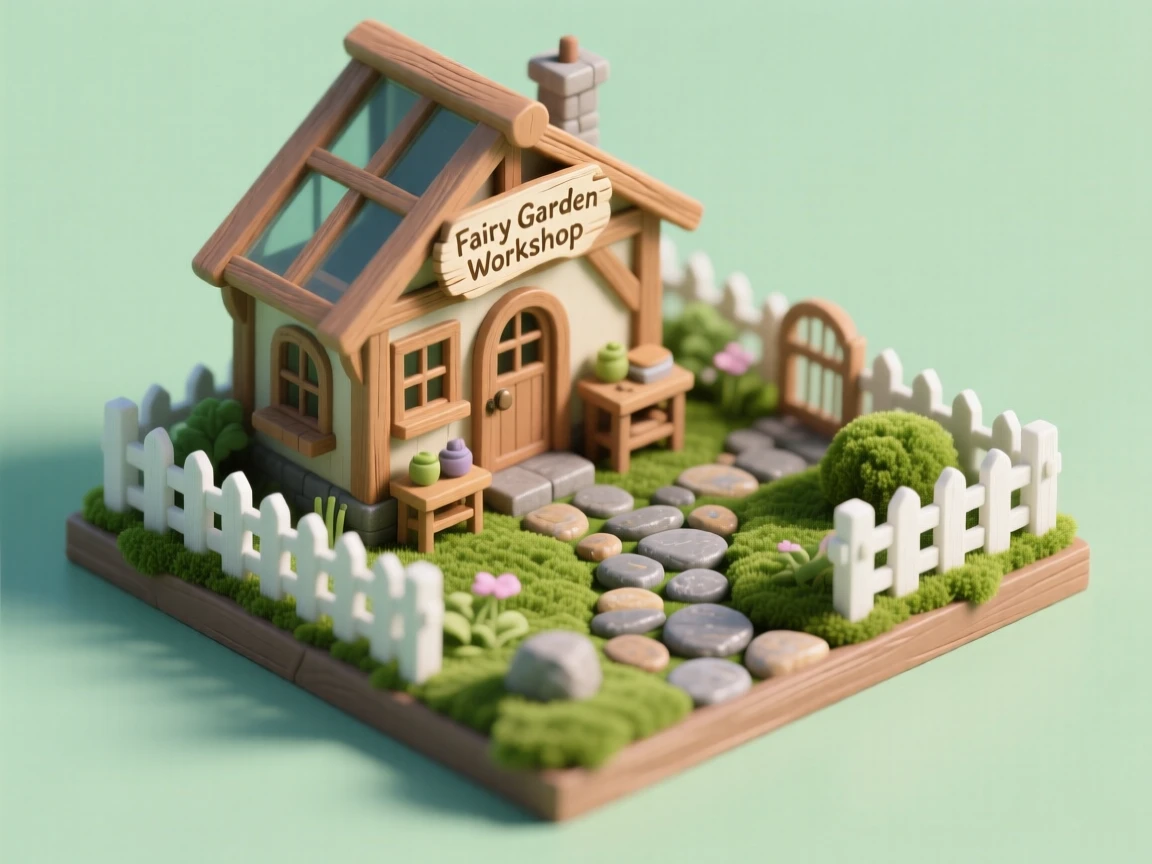 A miniature garden building workshop with tiny fences and pathways being arranged in a fairy garden box, moss and pebbles nearby.