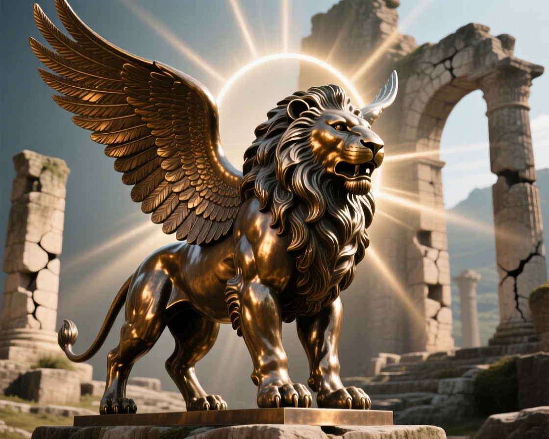 A winged lion standing before ancient ruins, surrounded by radiant beams of light, radiating awe and grandeur