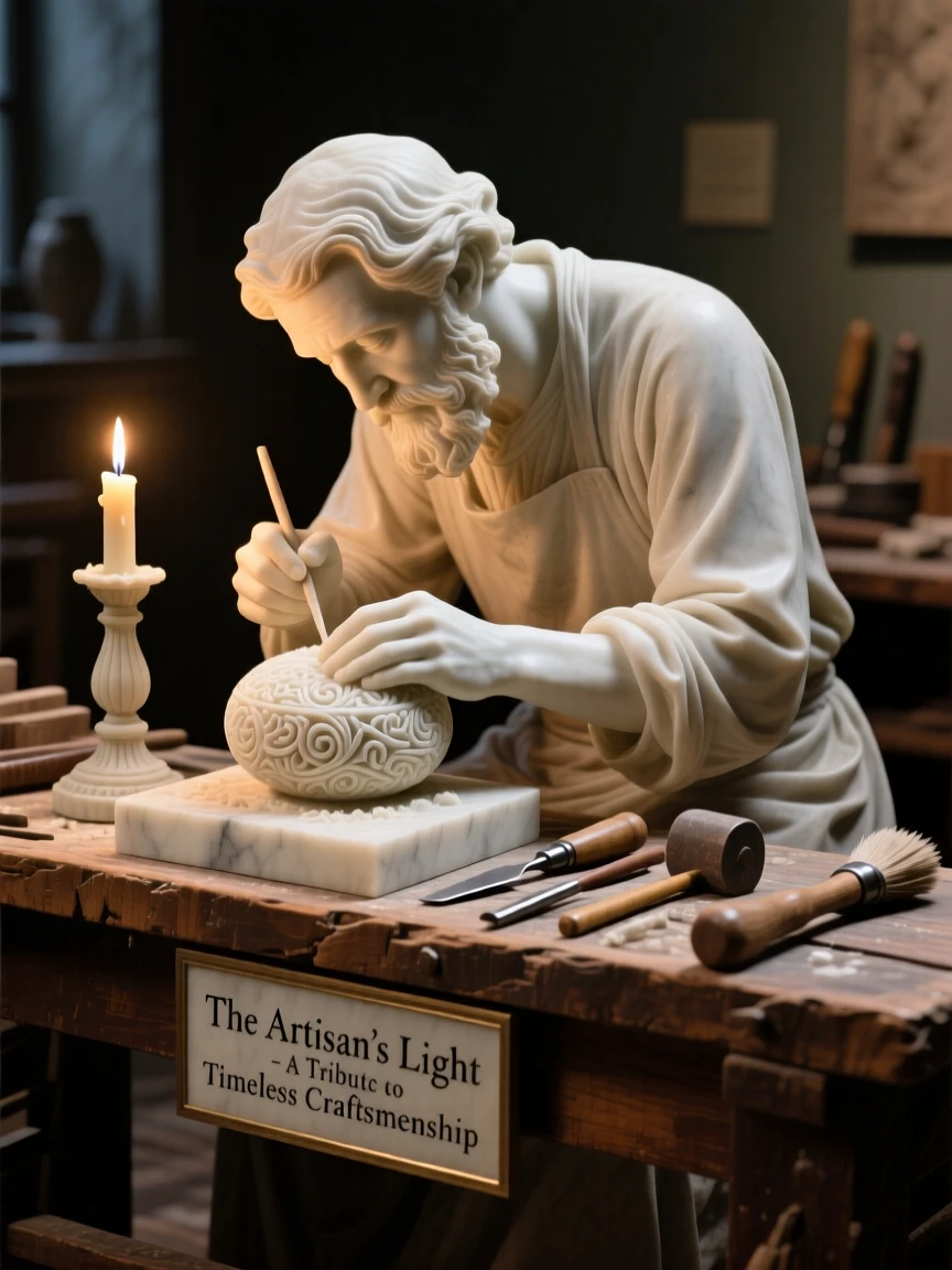 A beautifully composed image of an artisan carving intricate patterns by candlelight, surrounded by soft, glowing light, full of atmosphere and visual storytelling