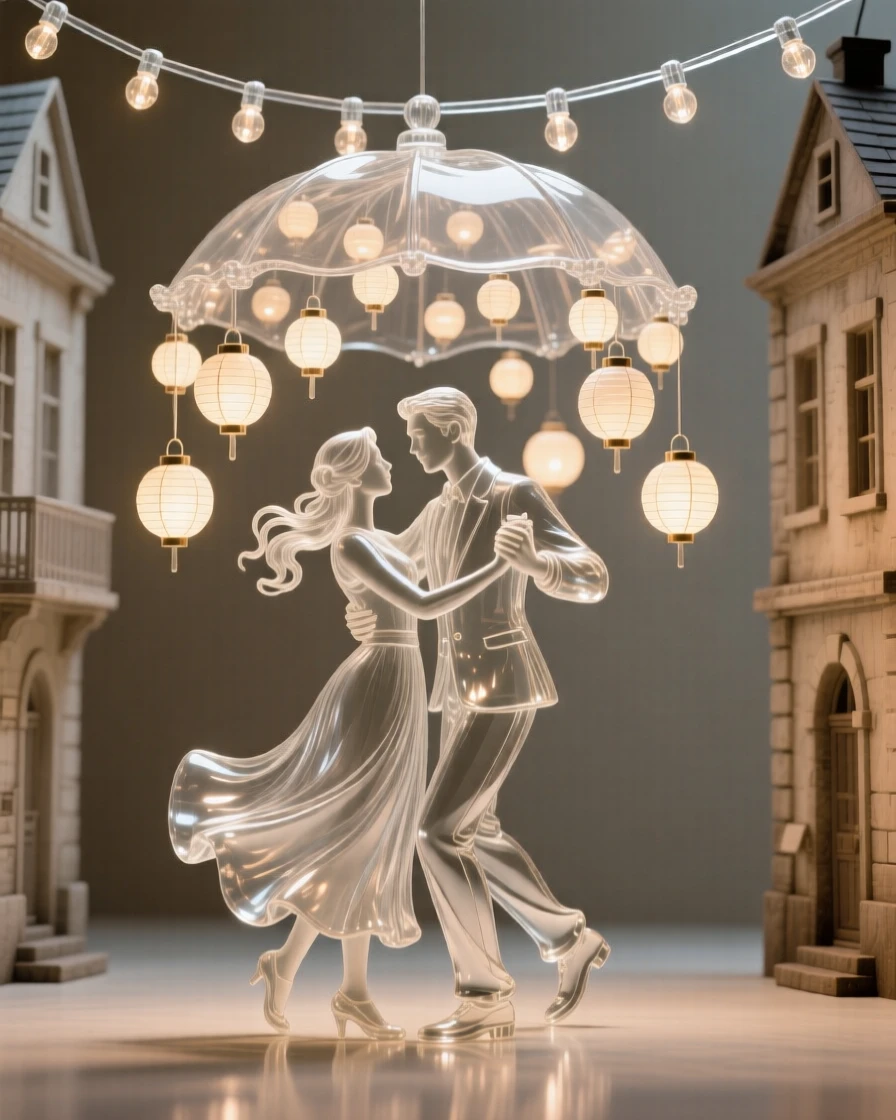 A couple dancing together beneath a canopy of floating lanterns beneath a canopy of string lights strung between old buildings