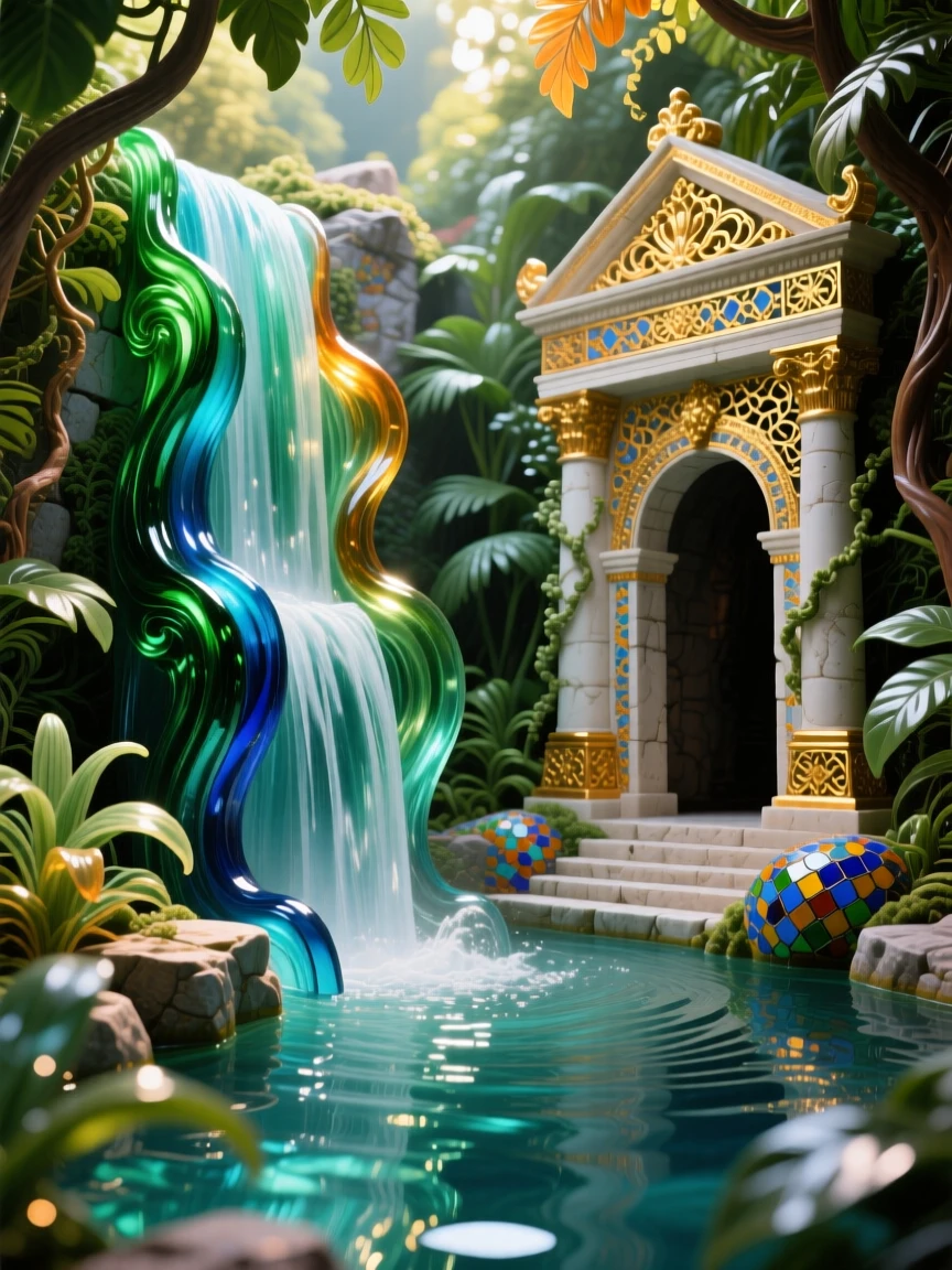 A grand waterfall cascading into a hidden jungle temple pool, awe-inspiring and mystical.
