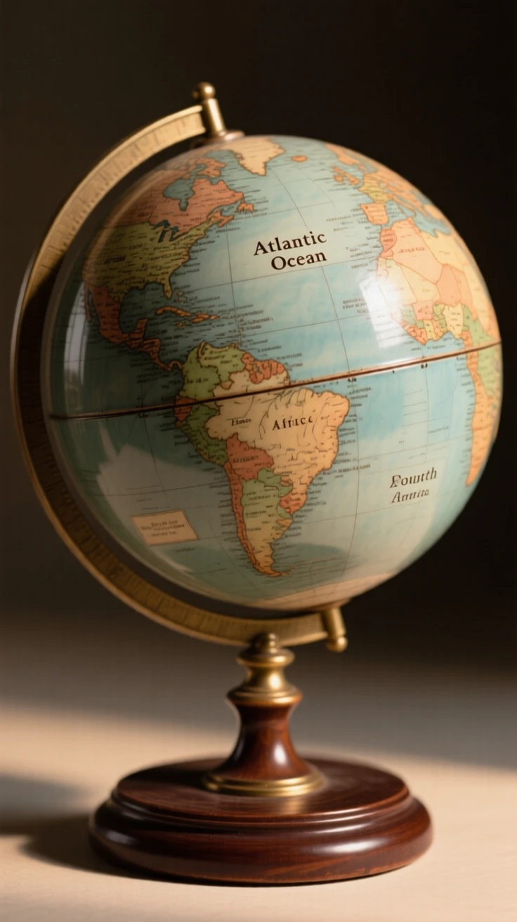 An antique globe spinning slowly on its stand illuminated by a single warm light source, its surface polished to a gentle sheen, conveying a cozy, storybook atmosphere.