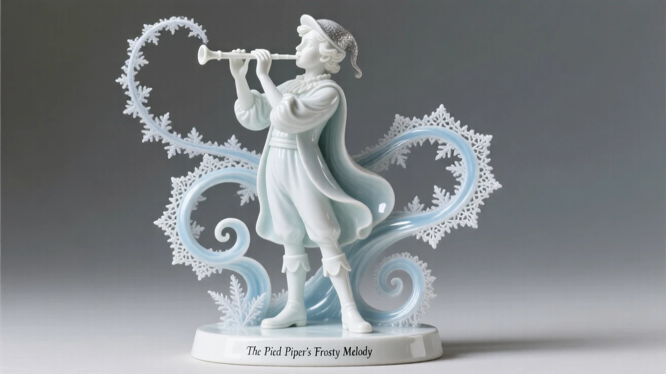 A storybook depiction of the Pied Piper commanding swirling patterns of frost, evoking the magic of a bedtime tale.