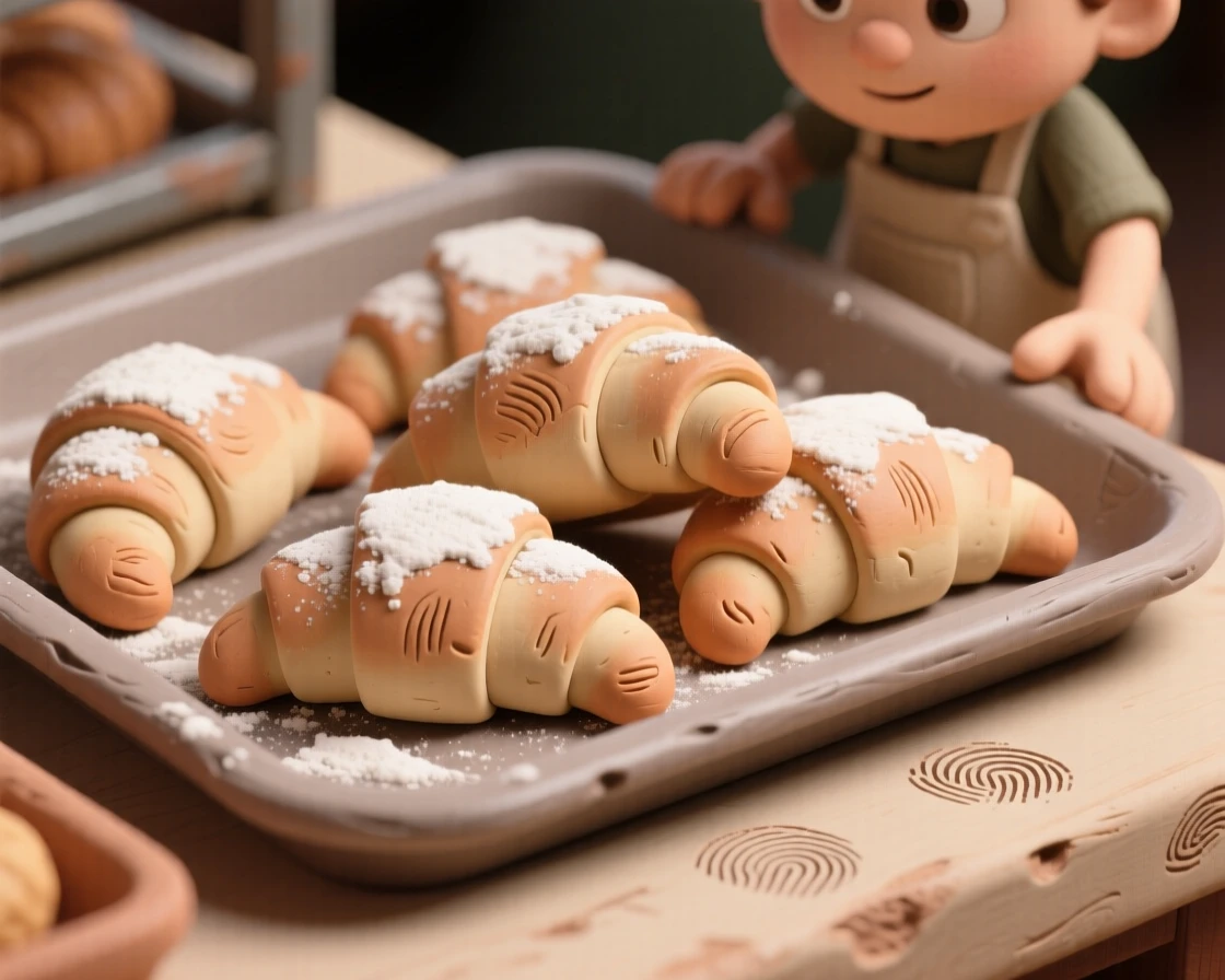 A tray of freshly baked croissants dusted lightly with flour