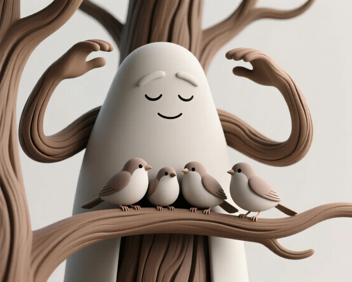A wise old tree spirit stretches gnarled wooden arms to shelter a family of sparrows from an approaching storm.