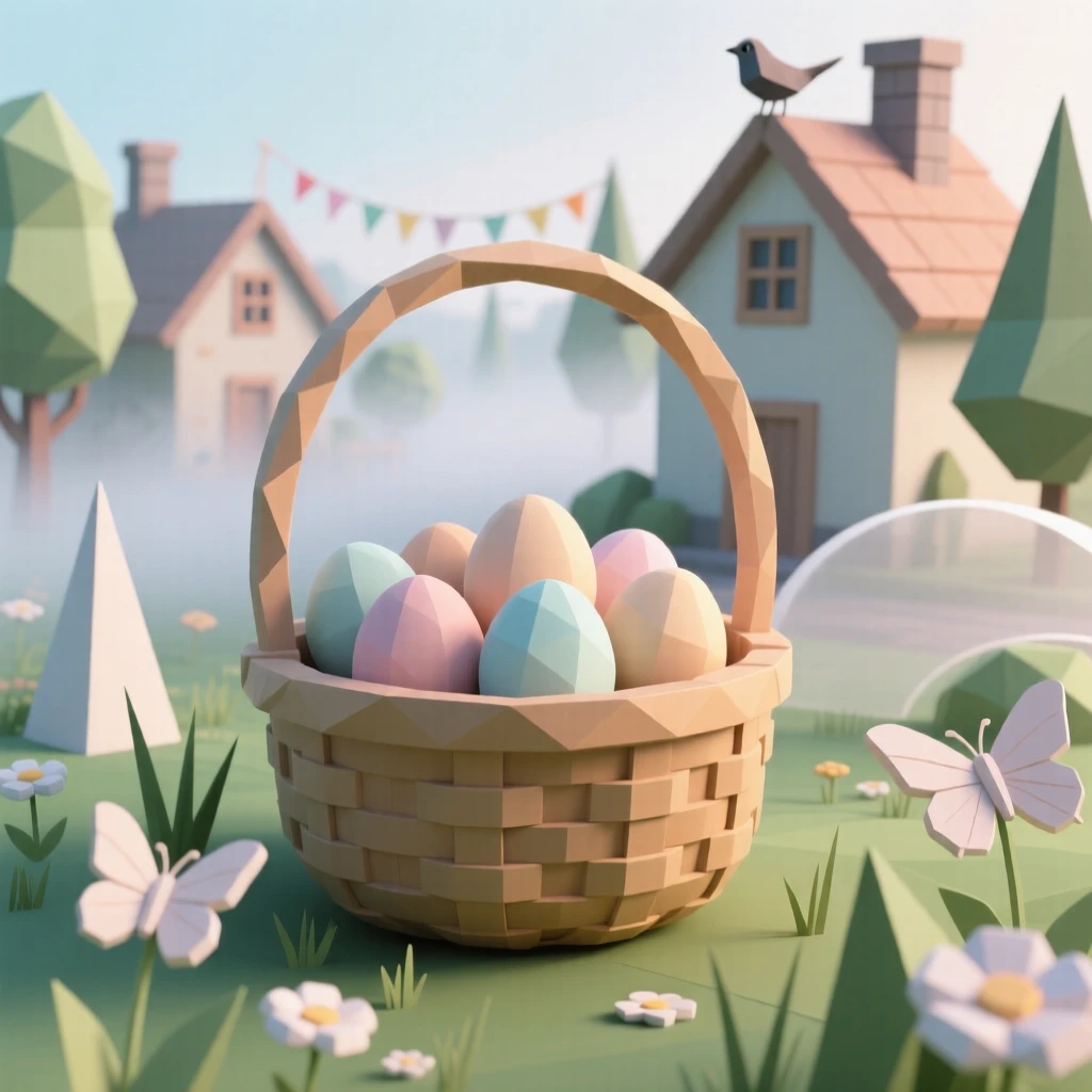 A Easter basket filled with pastel eggs in a spring garden, as morning mist clears over a festive village. small charming details enrich the festive setting. The scene feels warm and celebratory.