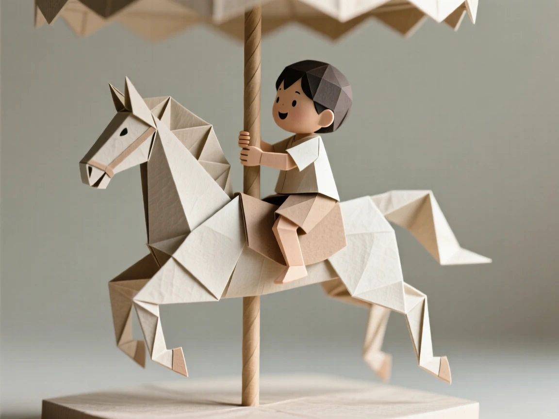A child's first time riding a carousel horse, gripping the pole tightly with excitement.