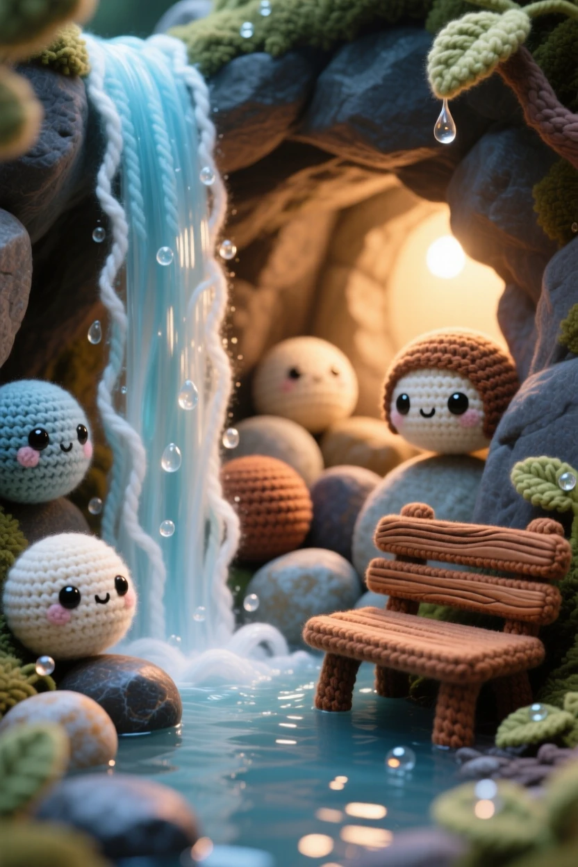 a hidden grotto behind a waterfall, glowing softly with reflected light, filled with smooth polished stones surrounded by the quiet hush of early morning; a single wooden bench resting nearby completes the scene, full of peaceful, untouched natural beauty.