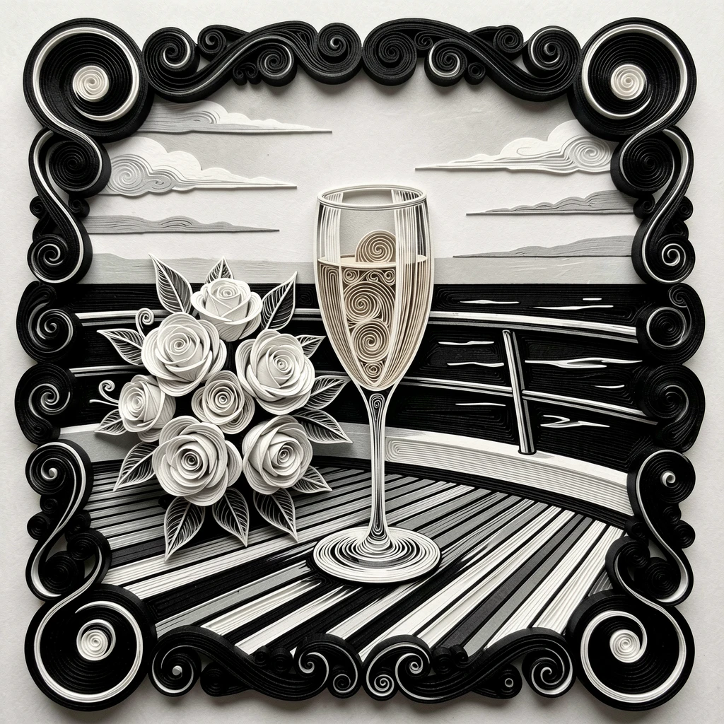 A sophisticated luxury scene of a champagne coupe beside a bouquet of white roses on the deck of a luxury yacht at sunset, in classic monochrome black and white, framed with rich, deep shadows for contrast.