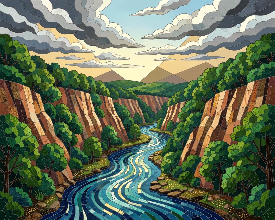A wide panoramic view of a winding river cutting through a deep forested gorge, with dramatic clouds and rich natural color.