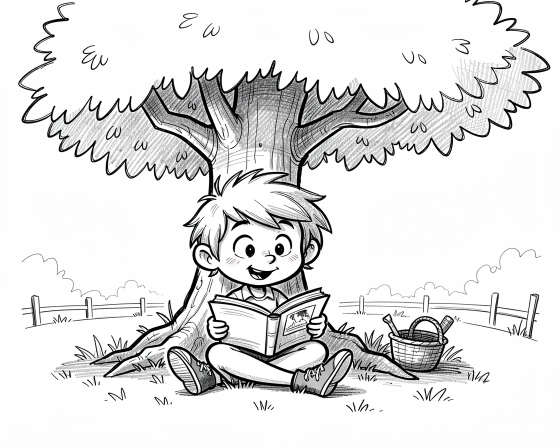A child reading a book under a shady tree on a farm during a visit.
