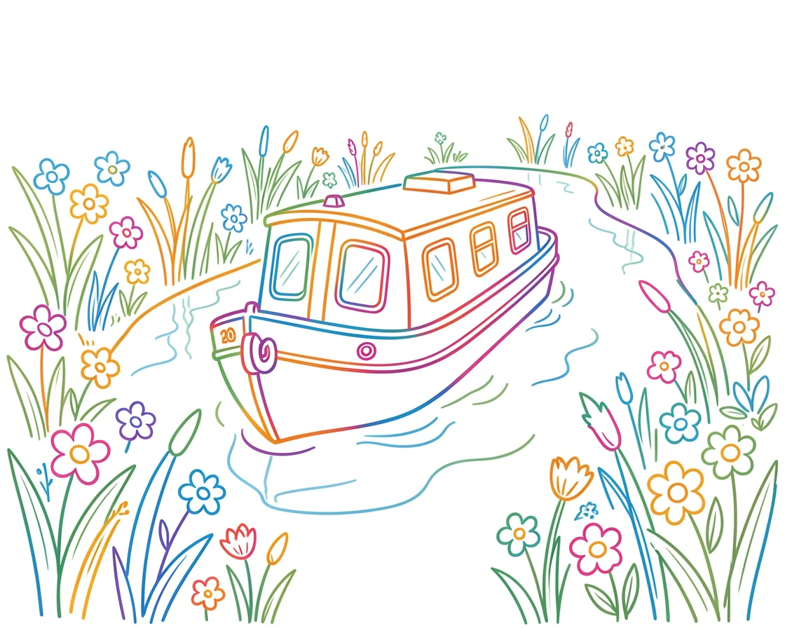A canal boat gliding gently through a flower-lined waterway.