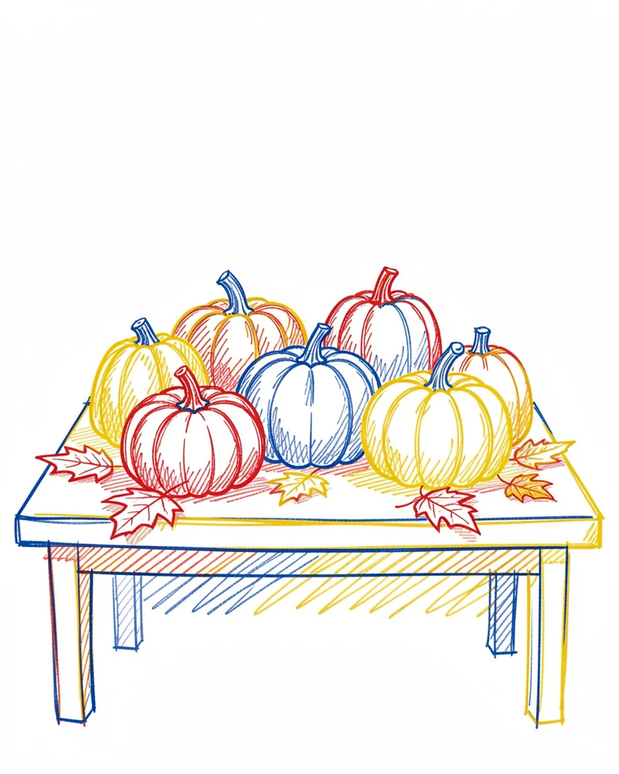 A festive table spread for a harvest feast with pumpkins and gourds