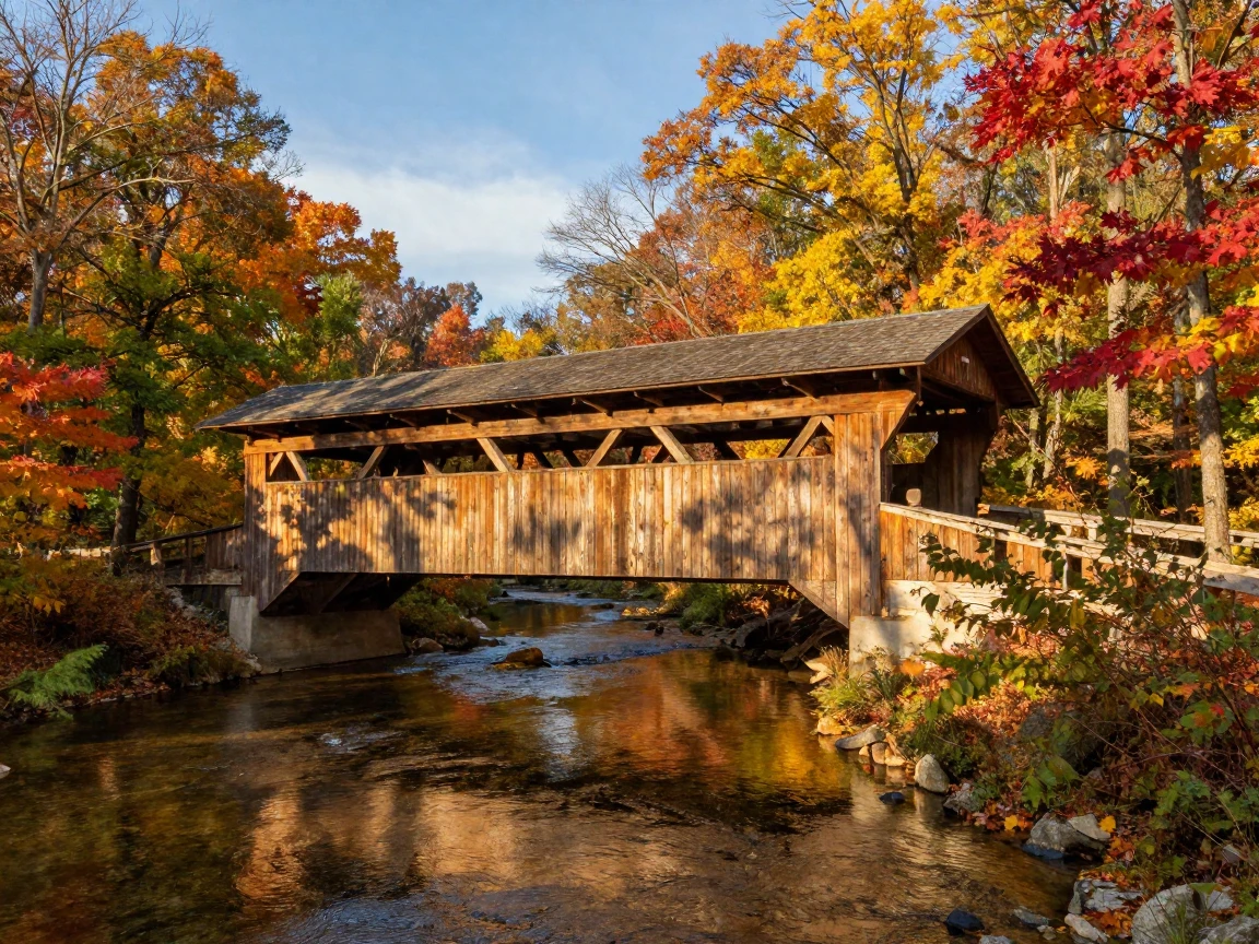 A covered bridge spanning a quiet autumn creek