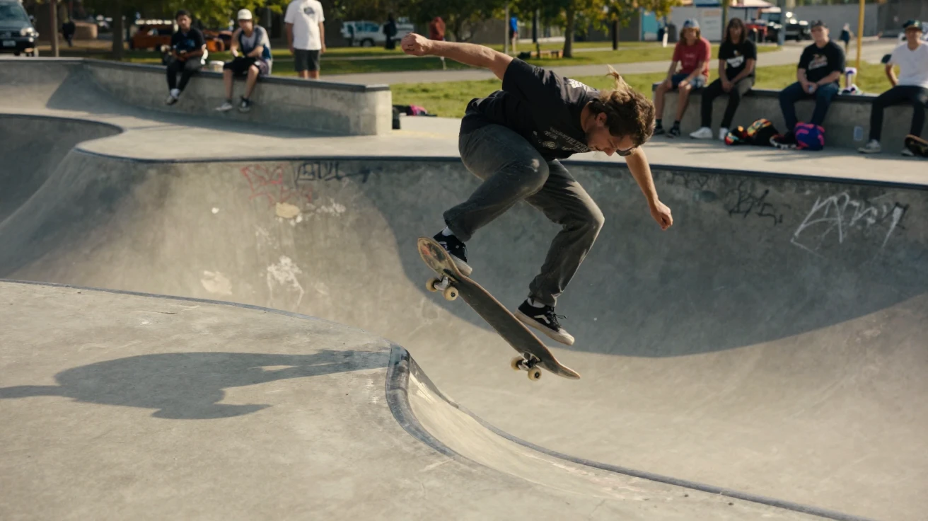 A skateboarder launches off a concrete ramp at a sunlit skate park, board mid-flip.