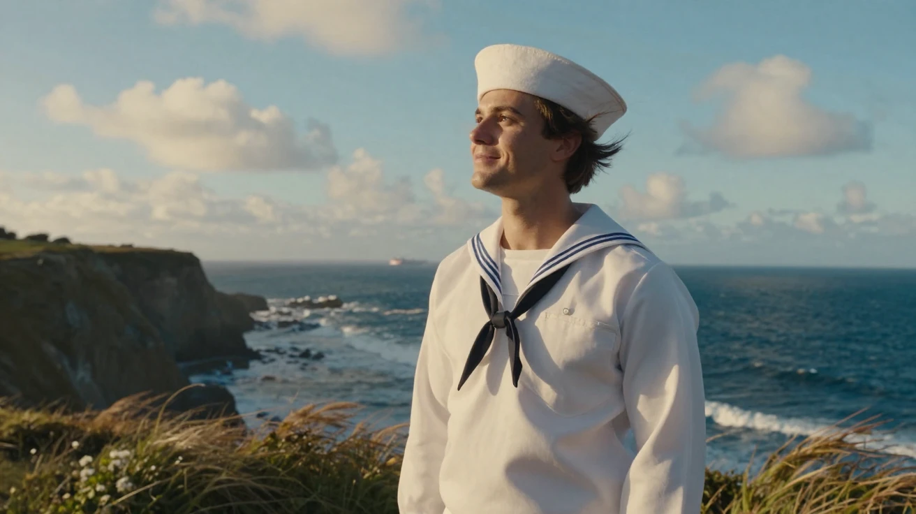 A young sailor watching the clouds drift slowly by on a windswept coastal cliff, a gentle smile crossing their face